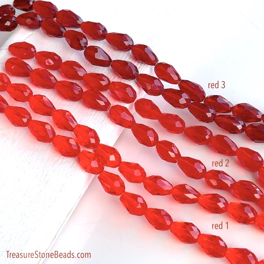 Bead, crystal, red 1, 8x12mm faceted teardrop. 13", 28